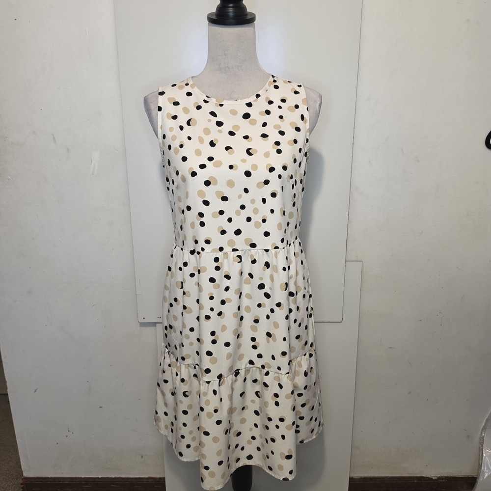 ECOWISH‎ Women's Sleeveless Polka Dot Tiered Mini Dress Size S White Black Beige
